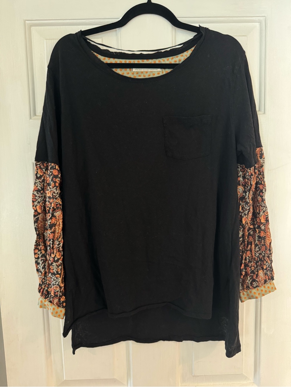 Free People Black Long-Sleeve Top with Floral Print Sleeves